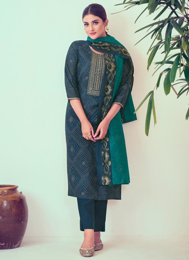 Modal Chanderi Blue Festival Wear Foil Print Readymade Printed Suit